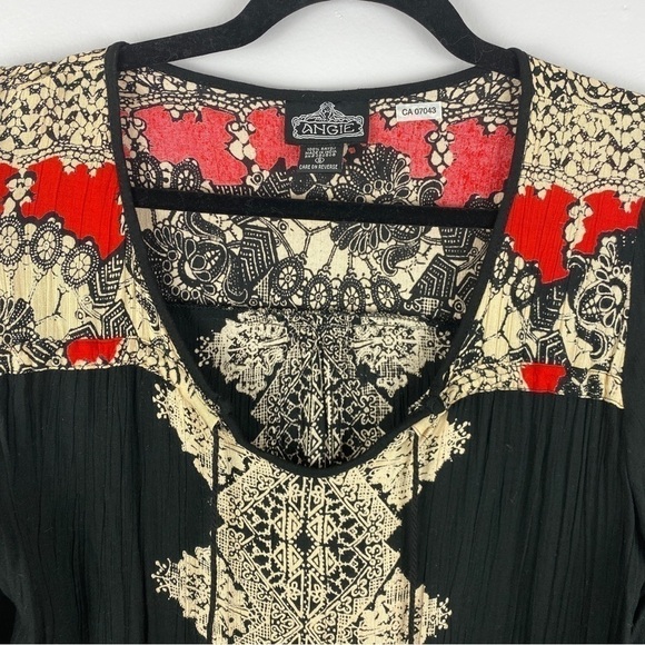 ANGIE Black Cream Tassel Rayon Long Sleeve Tunic Blouse Small - Picture 5 of 9